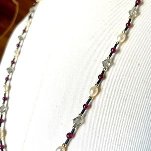 Antique Estate Pearl, Red Garnet, Smoky Quartz Necklace